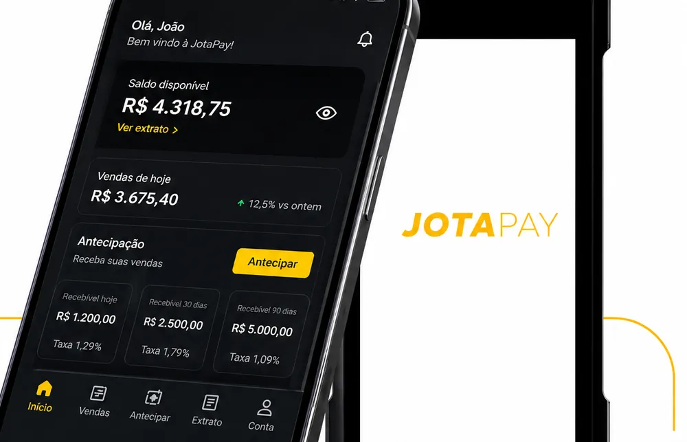 Aplicativo Jotapay com saldo e vendas do dia ao lado da maquininha